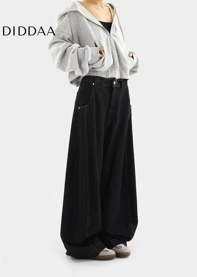 Black Loose Fit Wide Leg Jeans with Niche Design - Women’s Jeans