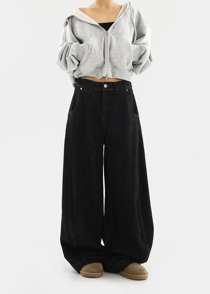 Black Loose Fit Wide Leg Jeans with Niche Design - Women’s Jeans