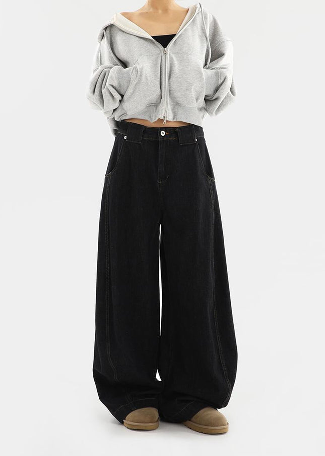 Black Loose Fit Wide Leg Jeans with Niche Design - Women’s Jeans
