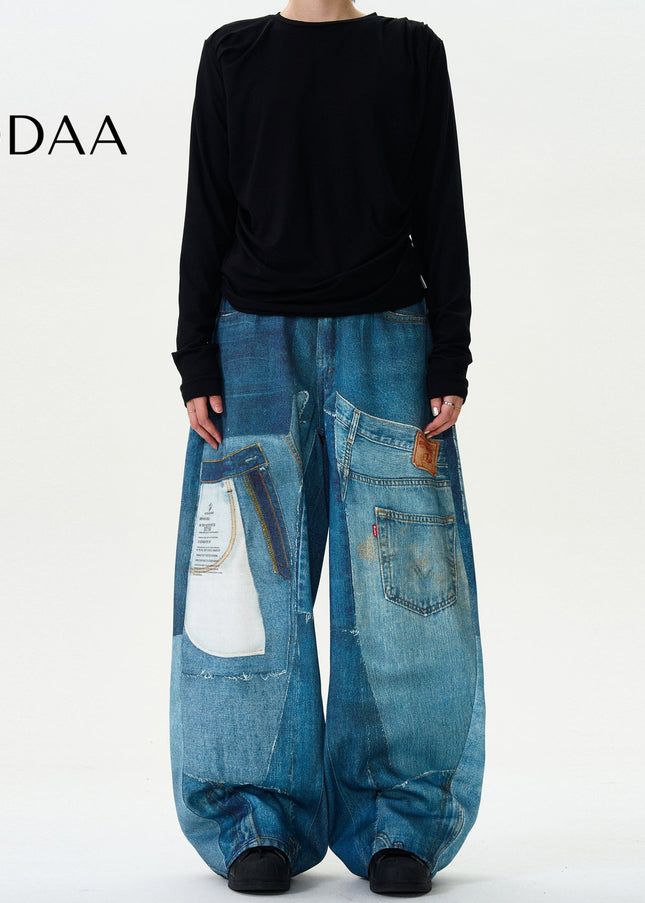 Black Loose Wide-Leg MADWITCH 3D Print Scimitar Jeans - S / Mid Blue - Men’s Jeans