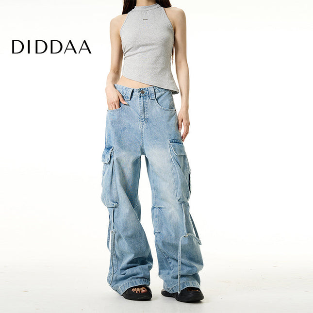 Black Multi-Pocket Cargo Jeans for Handsome Style - S / Mid Blue - Women’s Jeans