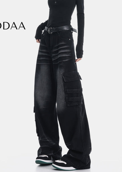 Black Multi-Pocket Loose Cargo Jeans for Women - S / Black - Women’s Jeans