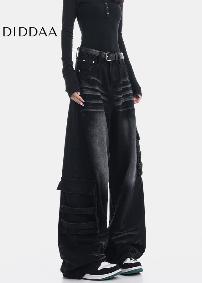 Black Multi-Pocket Loose Cargo Jeans for Women - Women’s Jeans