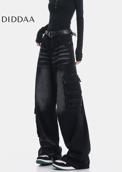 Black Multi-Pocket Loose Cargo Jeans for Women - Women’s Jeans