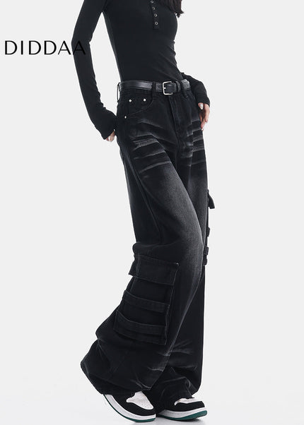 Black Multi-Pocket Loose Cargo Jeans for Women - Women’s Jeans