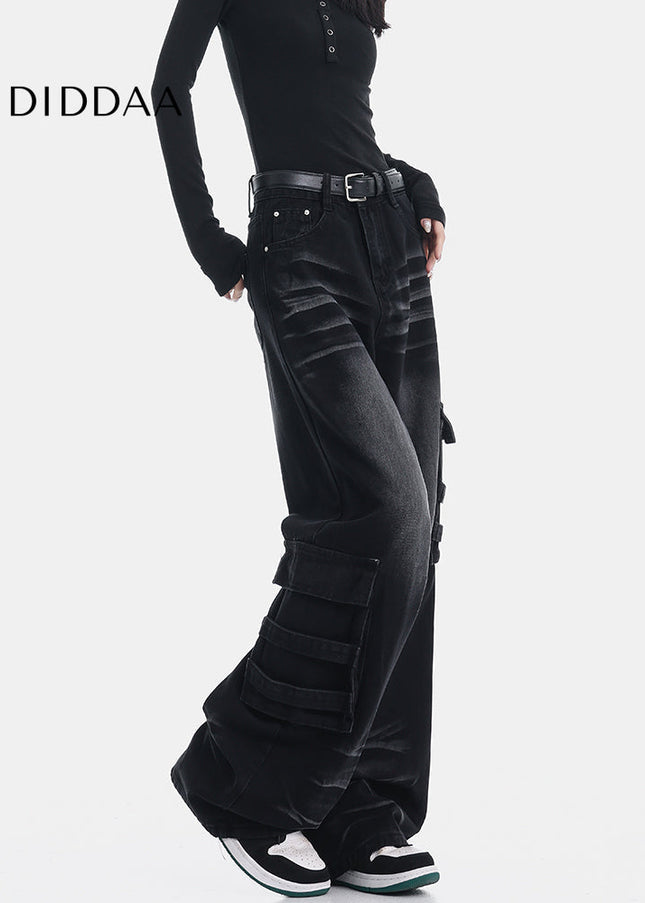 Black Multi-Pocket Loose Cargo Jeans for Women - Women’s Jeans