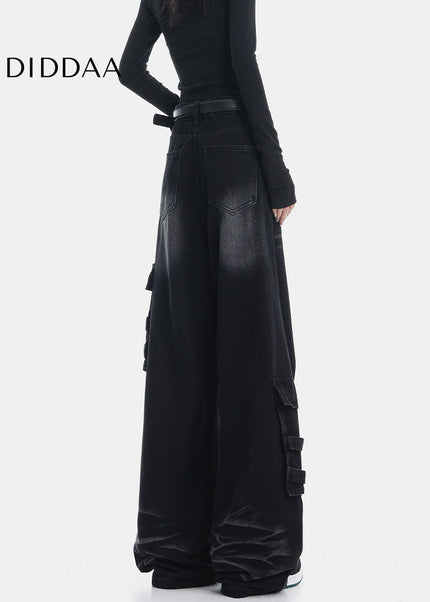 Black Multi-Pocket Loose Cargo Jeans for Women - Women’s Jeans