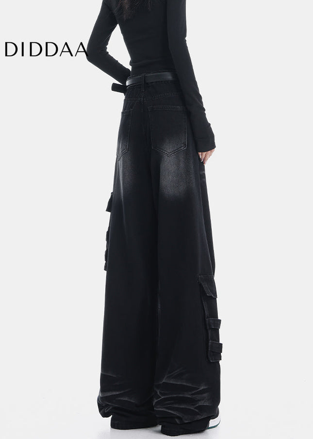 Black Multi-Pocket Loose Cargo Jeans for Women - Women’s Jeans