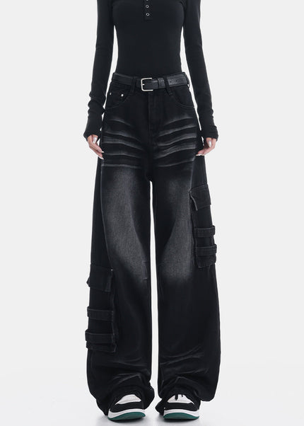 Black Multi-Pocket Loose Cargo Jeans for Women - Women’s Jeans