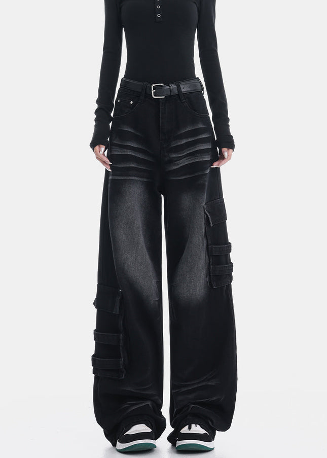 Black Multi-Pocket Loose Cargo Jeans for Women - Women’s Jeans