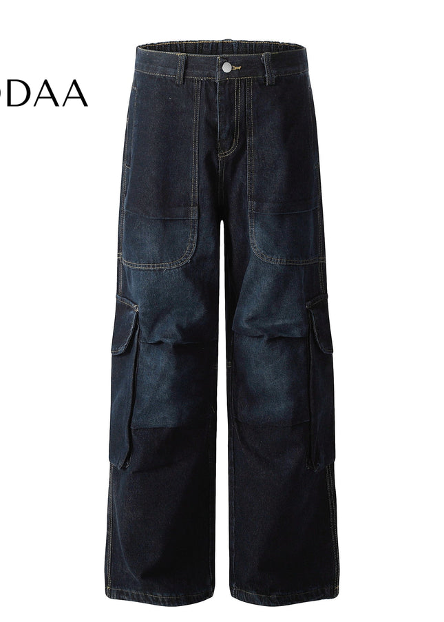 Black Pleated Multi-Pocket Cargo Jeans for Men and Women - S / Dark Blue - Women’s Jeans