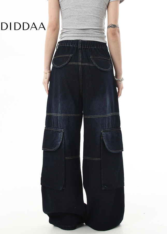 Black Pleated Multi-Pocket Cargo Jeans for Men and Women - Women’s Jeans