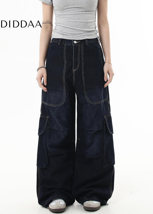 Black Pleated Multi-Pocket Cargo Jeans for Men and Women - Women’s Jeans