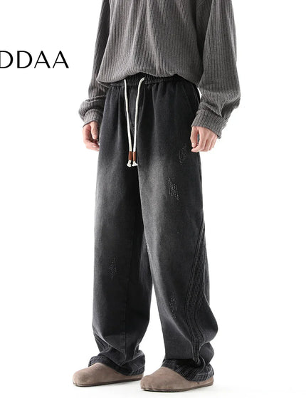 Black Retro Distressed Loose Fit Wide Leg Jeans - M / Black - Men’s Jeans