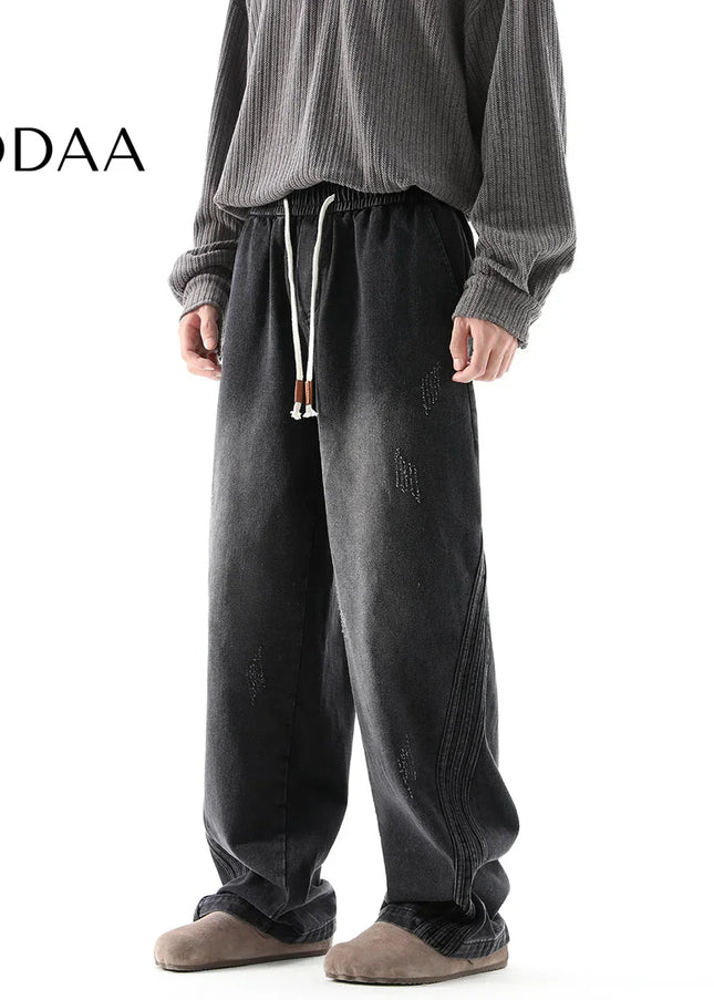 Black Retro Distressed Loose Fit Wide Leg Jeans - M / Black - Men’s Jeans