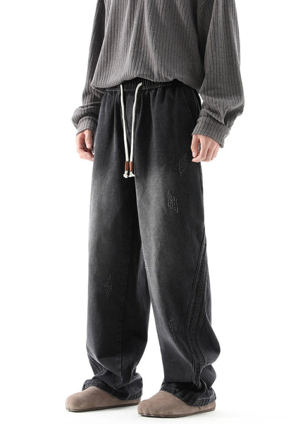 Black Retro Distressed Loose Fit Wide Leg Jeans - Men’s Jeans