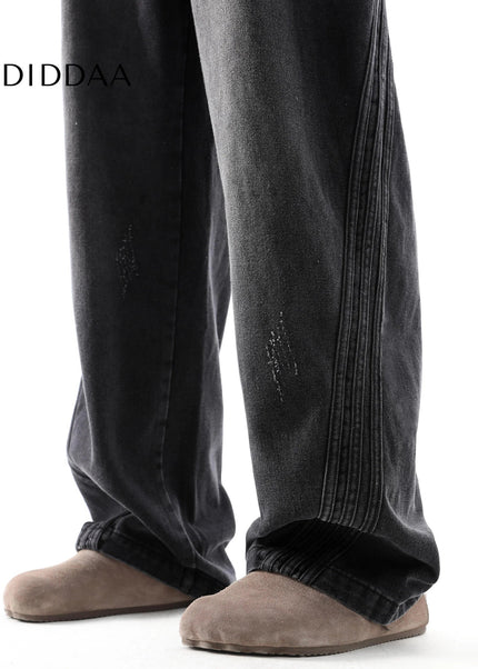 Black Retro Distressed Loose Fit Wide Leg Jeans - Men’s Jeans