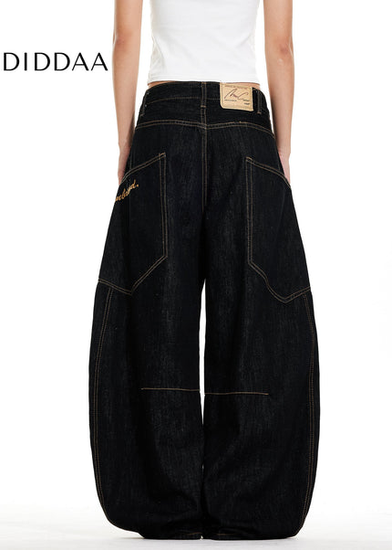 Black Retro Embroidered Wide Leg Denim Jeans - Men’s Jeans