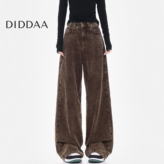 Black Retro High Waist Corduroy Wide-Leg Jeans - S / Brown - Women’s Jeans