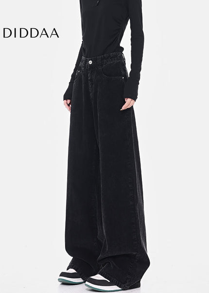 Black Retro High Waist Corduroy Wide-Leg Jeans - Women’s Jeans