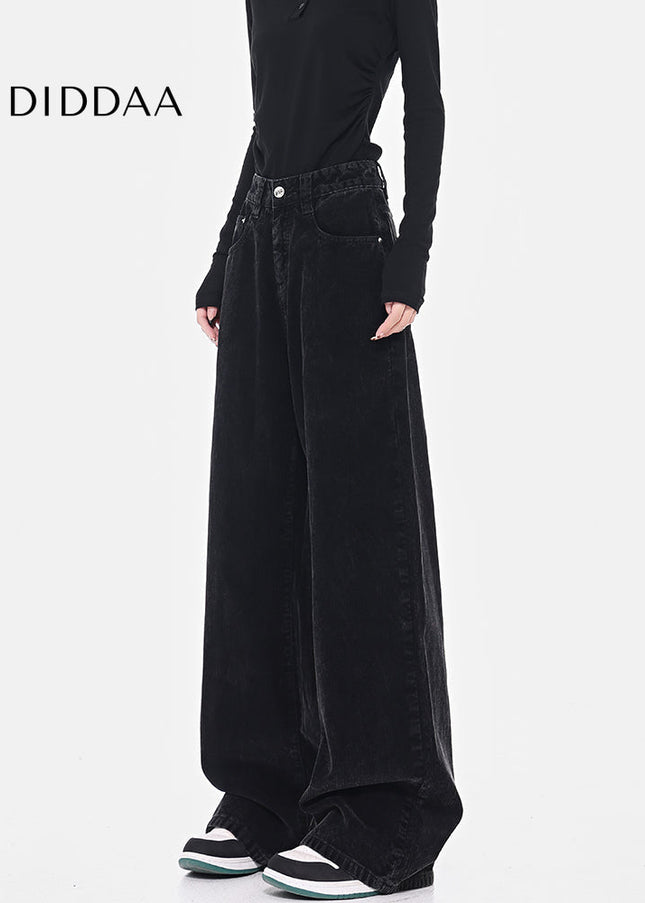 Black Retro High Waist Corduroy Wide-Leg Jeans - Women’s Jeans
