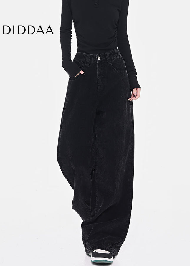 Black Retro High Waist Corduroy Wide-Leg Jeans - Women’s Jeans