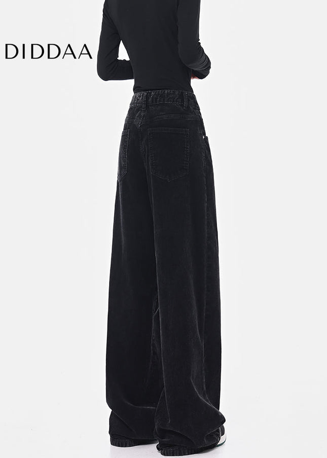 Black Retro High Waist Corduroy Wide-Leg Jeans - Women’s Jeans