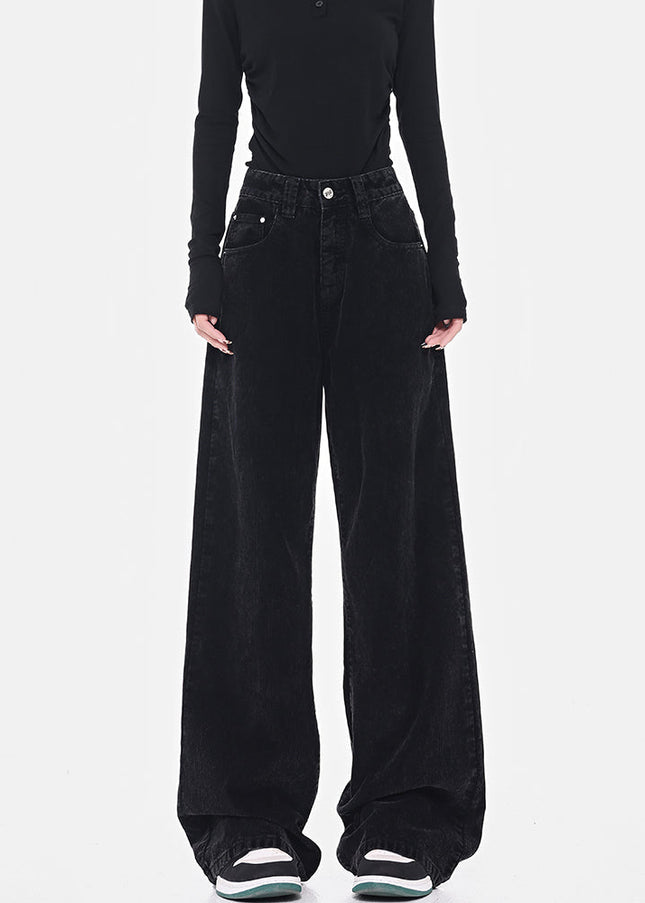 Black Retro High Waist Corduroy Wide-Leg Jeans - Women’s Jeans