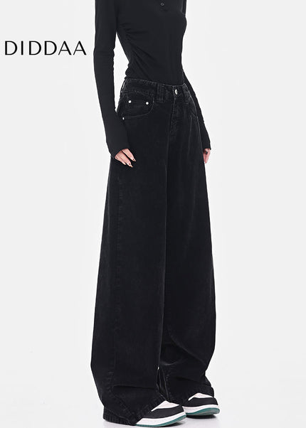 Black Retro High Waist Corduroy Wide-Leg Jeans - Women’s Jeans