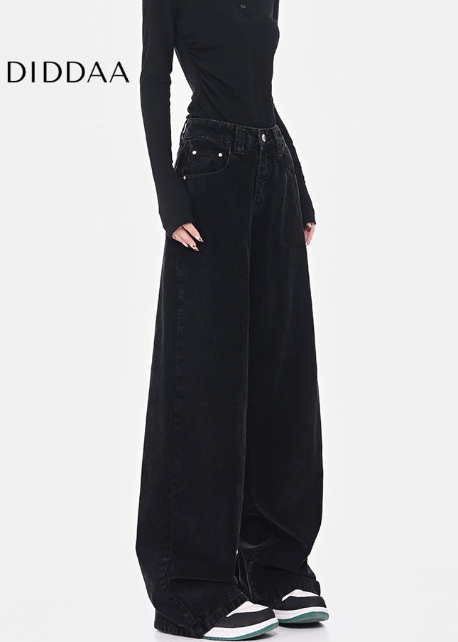 Black Retro High Waist Corduroy Wide-Leg Jeans - Women’s Jeans