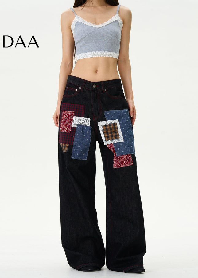 Black Retro Plaid Patch Loose Wide-Leg Jeans - S / Black - Women’s Jeans