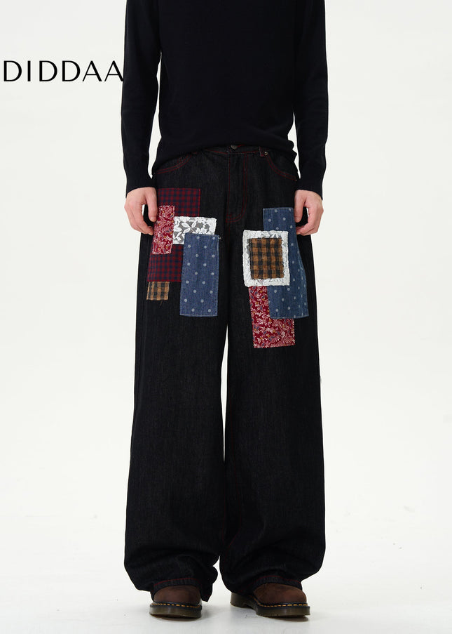 Black Retro Plaid Patch Loose Wide-Leg Jeans - Women’s Jeans