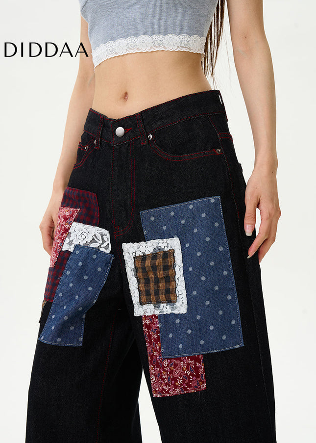 Black Retro Plaid Patch Loose Wide-Leg Jeans - Women’s Jeans