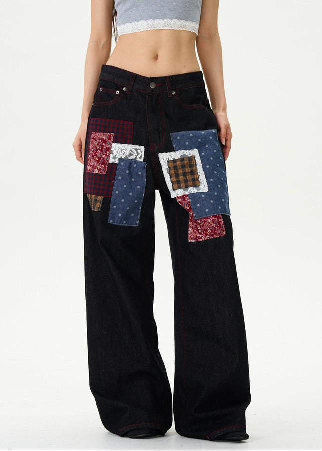Black Retro Plaid Patch Loose Wide-Leg Jeans - Women’s Jeans
