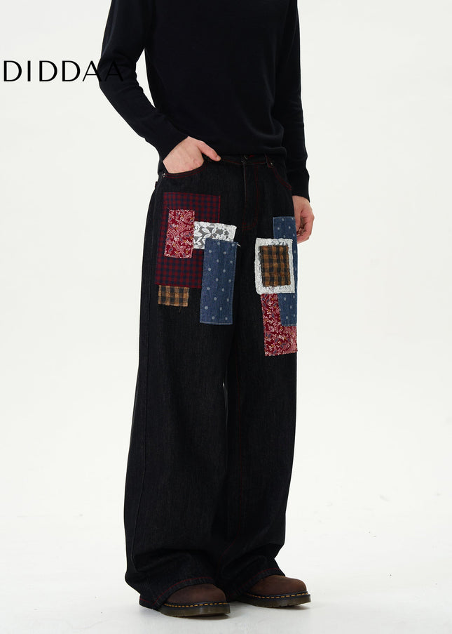 Black Retro Plaid Patch Loose Wide-Leg Jeans - Women’s Jeans
