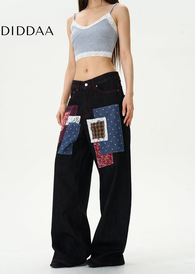 Black Retro Plaid Patch Loose Wide-Leg Jeans - Women’s Jeans