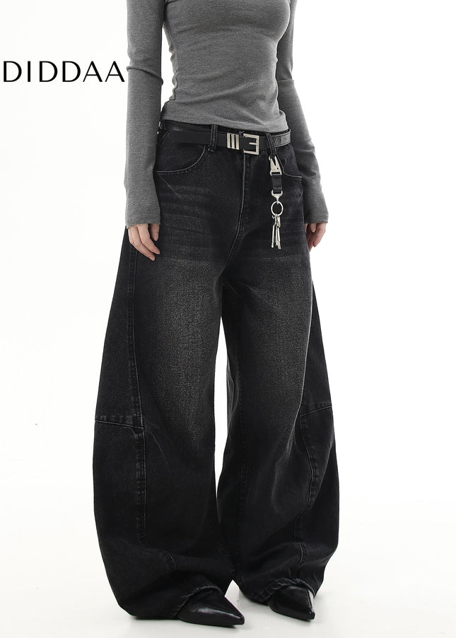 Black Retro Scimitar Loose Straight Wide-Leg Jeans - Women’s Jeans