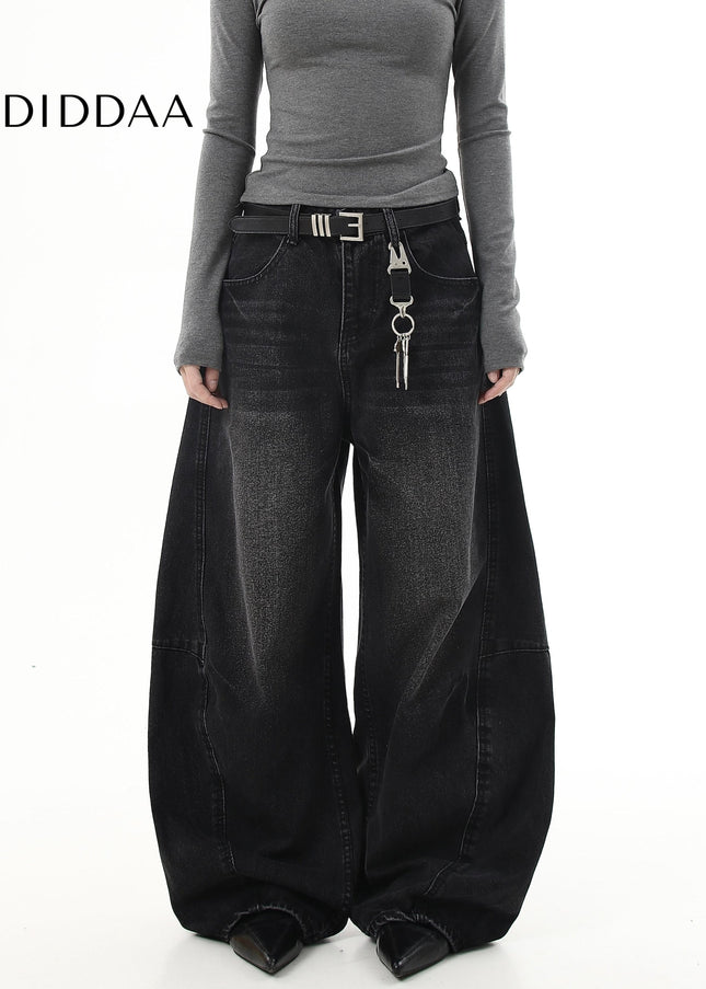 Black Retro Scimitar Loose Straight Wide-Leg Jeans - Women’s Jeans
