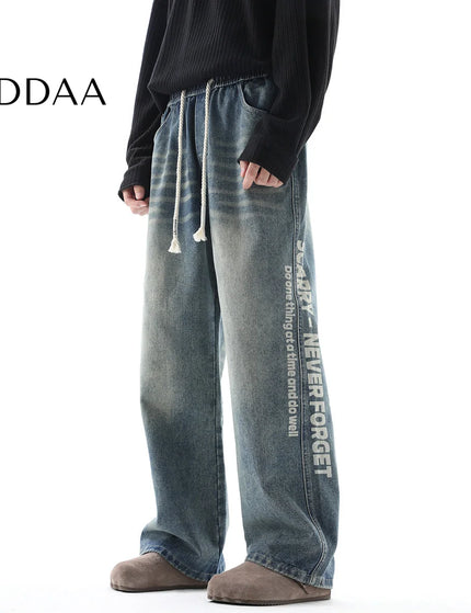 Black Retro Straight-Leg Casual Trousers with Print - M / Blue - Men’s Jeans