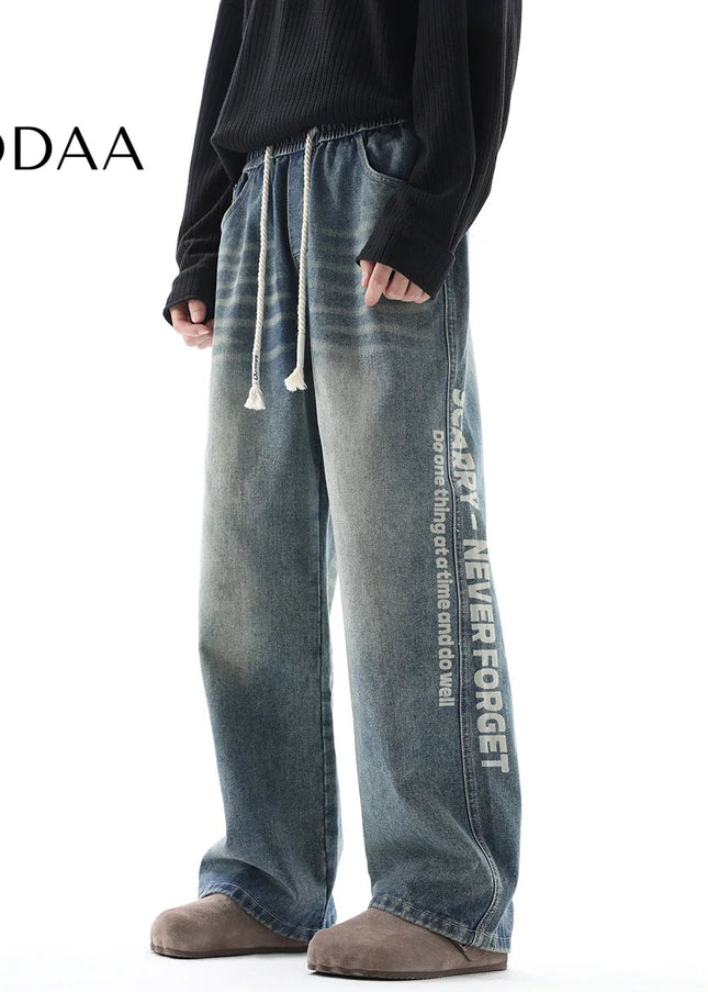 Black Retro Straight-Leg Casual Trousers with Print - M / Blue - Men’s Jeans