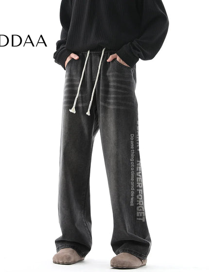 Black Retro Straight-Leg Casual Trousers with Print - M / Black - Men’s Jeans