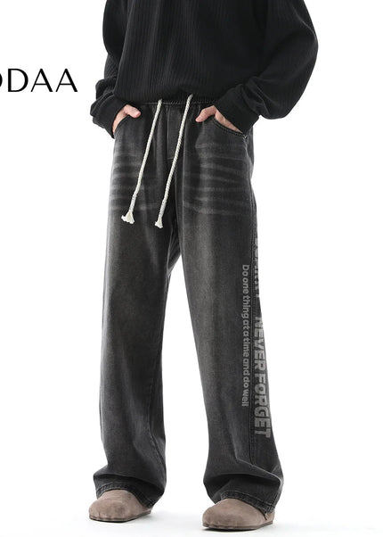 Black Retro Straight-Leg Casual Trousers with Print - M / Black - Men’s Jeans