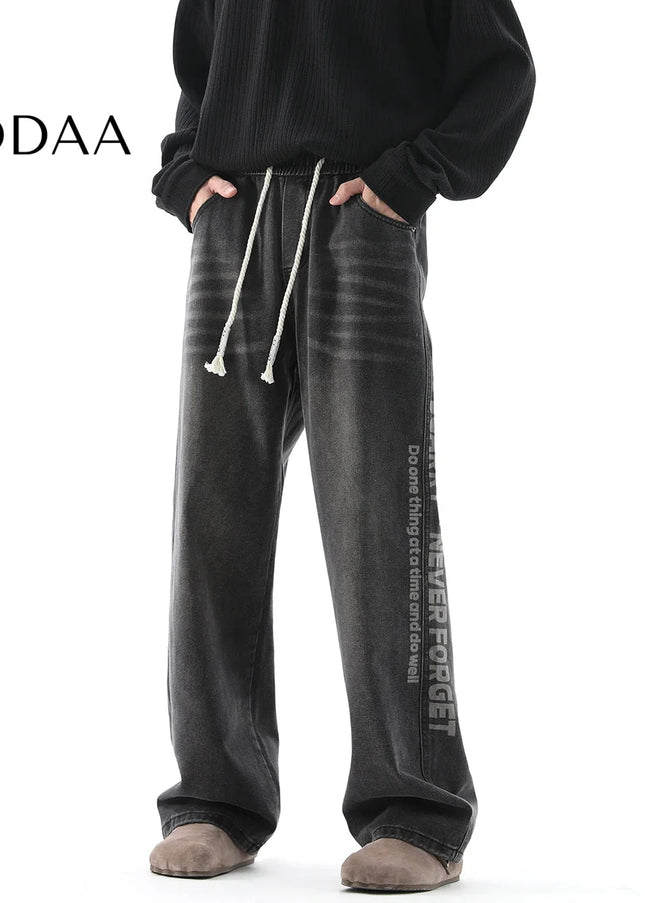 Black Retro Straight-Leg Casual Trousers with Print - M / Black - Men’s Jeans