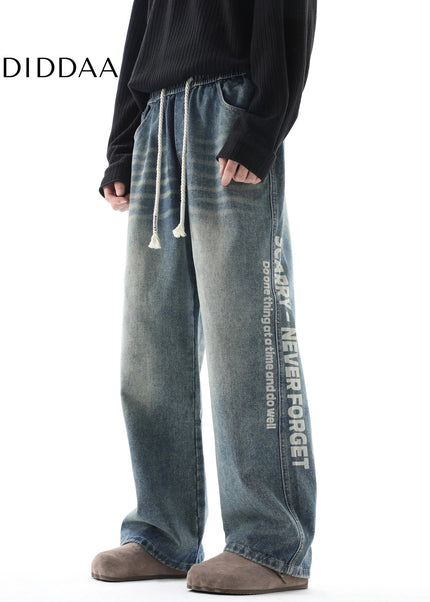 Black Retro Straight-Leg Casual Trousers with Print - Men’s Jeans