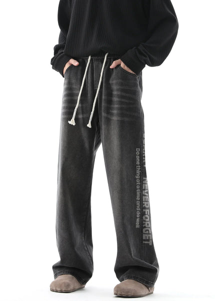 Black Retro Straight-Leg Casual Trousers with Print - Men’s Jeans