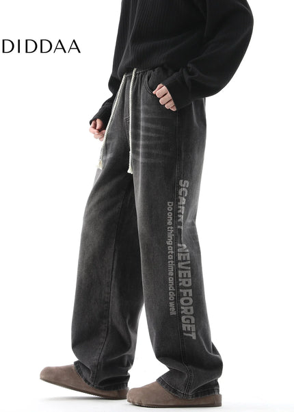 Black Retro Straight-Leg Casual Trousers with Print - Men’s Jeans