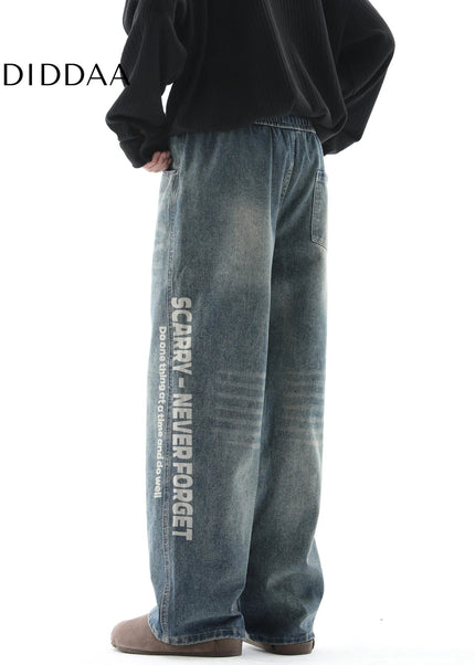 Black Retro Straight-Leg Casual Trousers with Print - Men’s Jeans