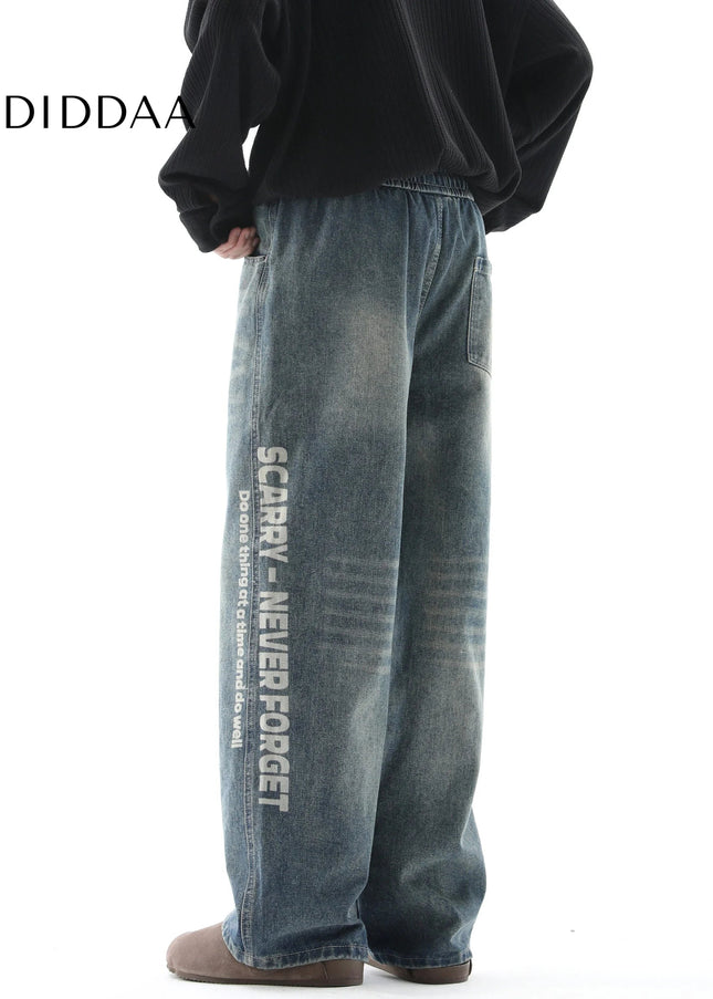 Black Retro Straight-Leg Casual Trousers with Print - Men’s Jeans
