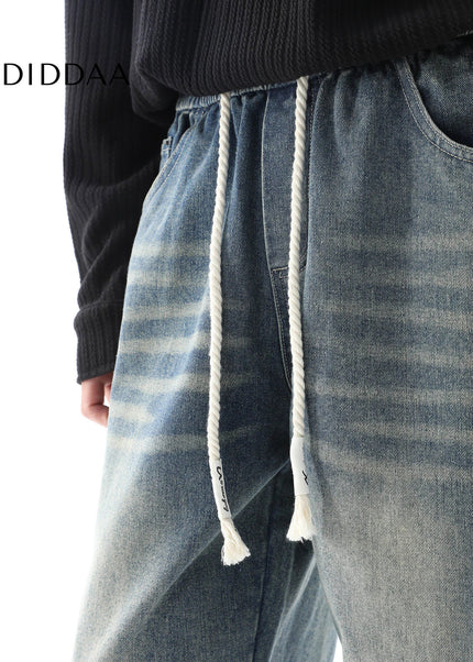 Black Retro Straight-Leg Casual Trousers with Print - Men’s Jeans