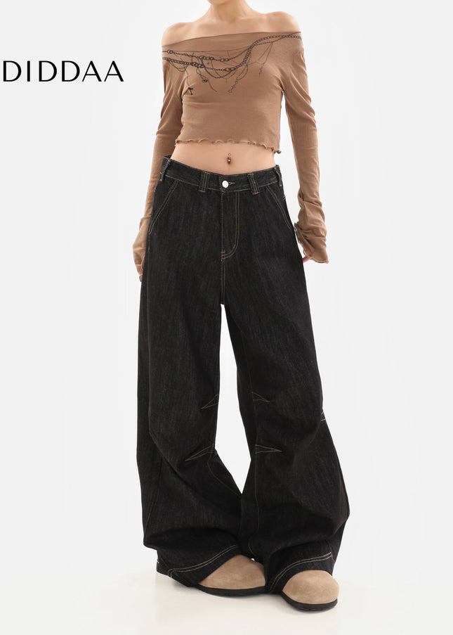 Black Retro Wash Loose Fit Wide-Leg Jeans - Women’s Jeans